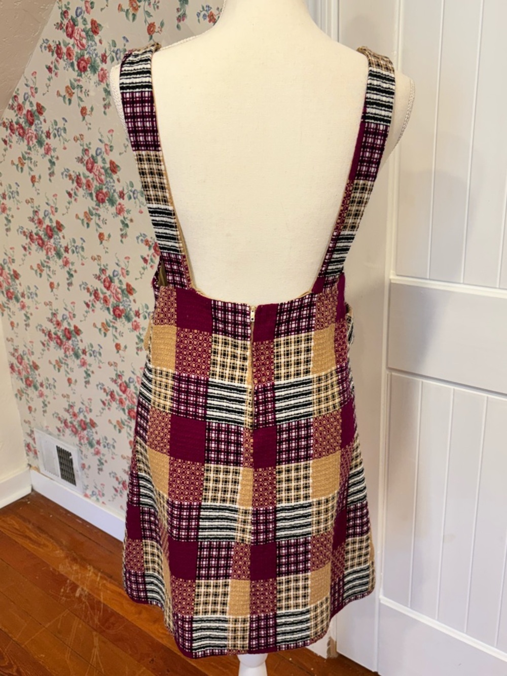 Vintage Plaid Pinafore Dress in Burgundy and Mustard Mini Size M - Picture 4 of 8